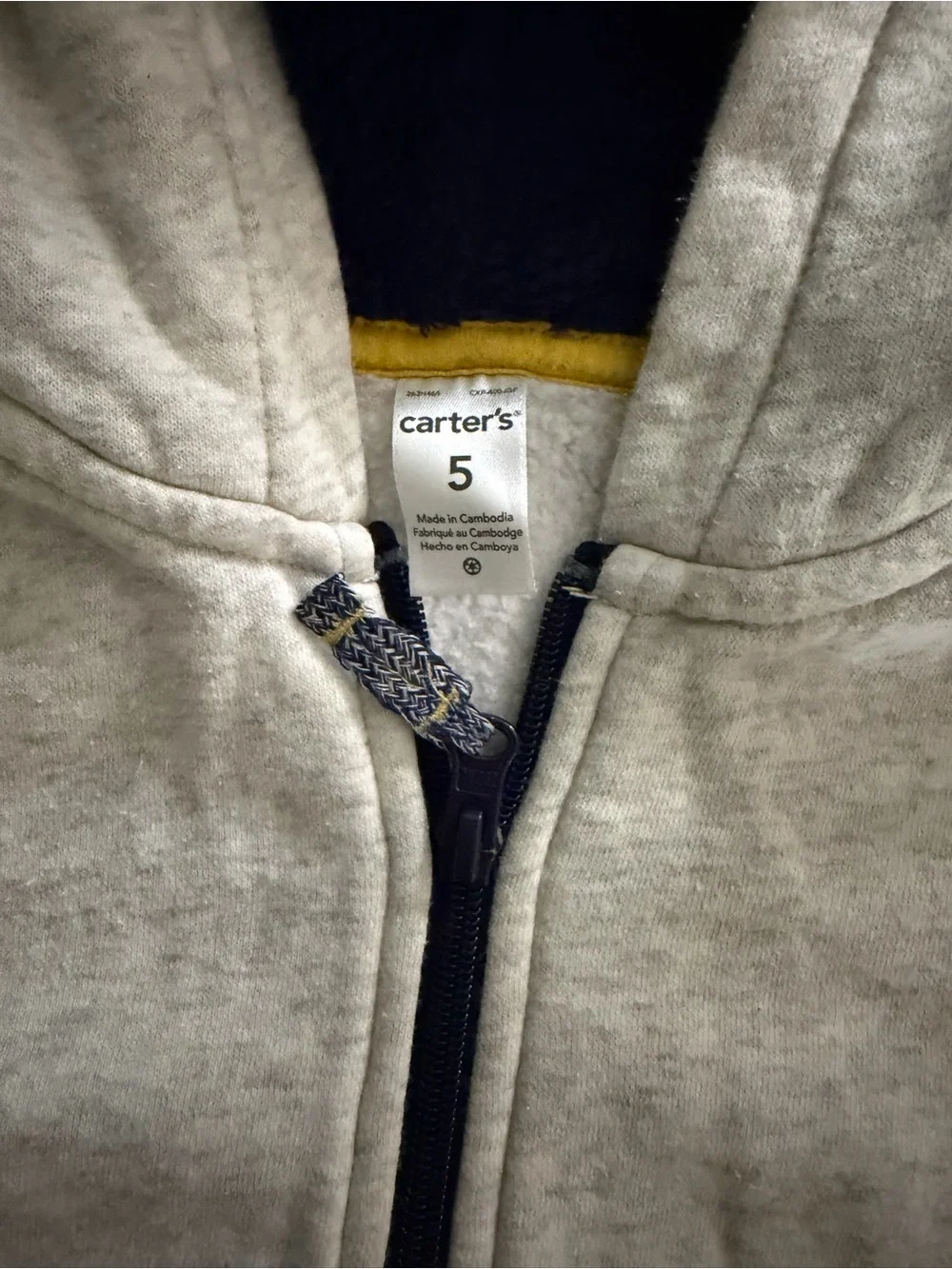Carter's Light Gray Hooded Zip-Up Sweatshirt with Navy Lining